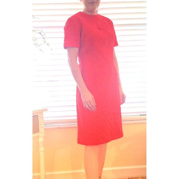 American Vintage 1960s Orange Red Textured Polyester Dress Size MED Ladies Mod - Picture 1 of 11